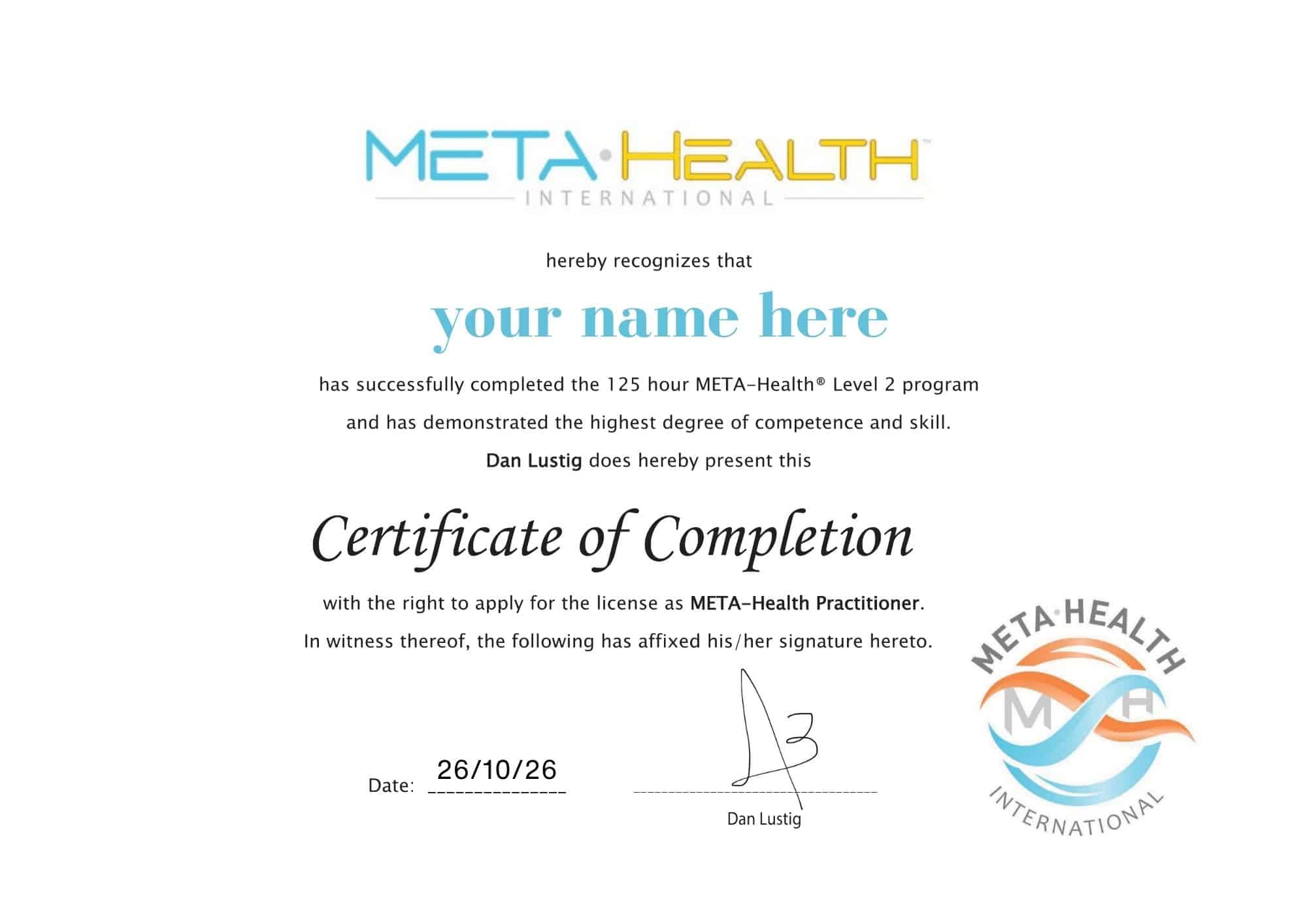 תעודת הסמכה בינלאומית Meta-Health International